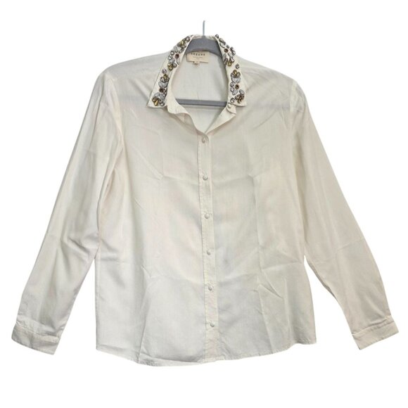 Sezane Embellished Silk Blouse Top Ecru Ivory Cream Longsleeve Shirt 4 36 - Picture 4 of 9